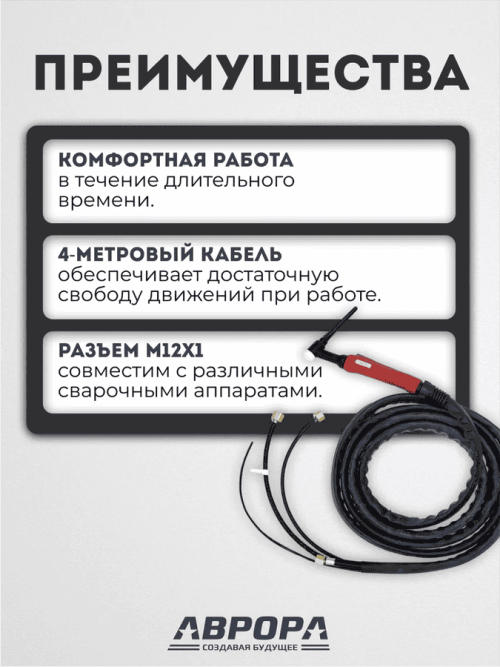 Горелка Aurora TIG 18 320A (100%) M12x1, 1/4G, 3/8G, 4m-вода (без управляющих разъемов) — изображение 2