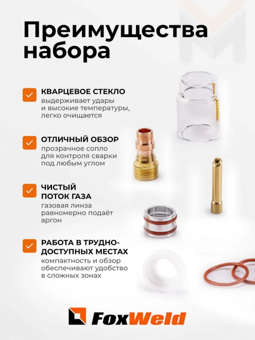 Набор GLASSY №3 15,0 мм FOXWELD (TIG 17/18/26) д. 2,4 мм вольфрам — изображение 2